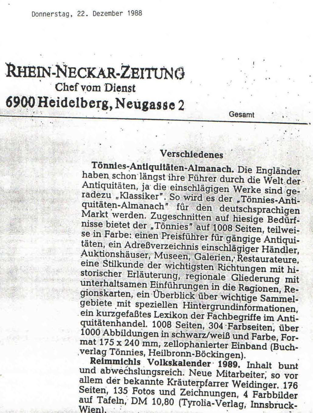 Tönnies Almanach, Rhein-Neckar Zeitung
