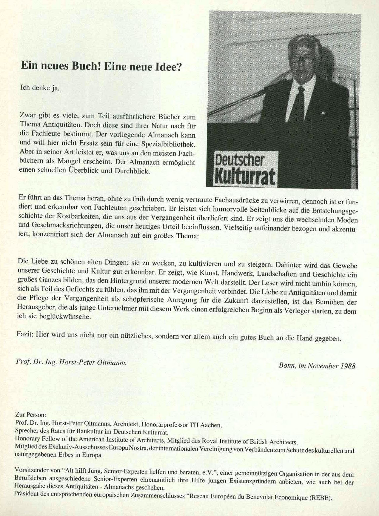 Tönnies Almanach, Vorwort Prof. Dr. Ing. H.-P. Oltmanns, Deutscher Kulturrat 