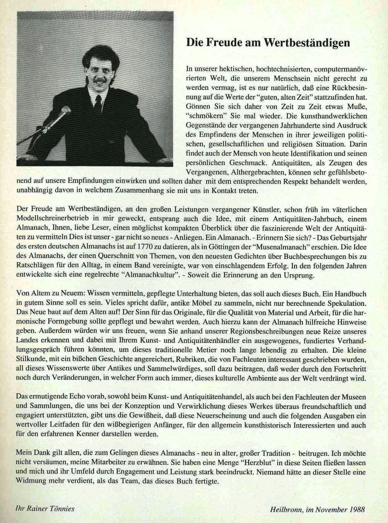 Tönnies Almanach, Vorwort Rainer Tönnies 